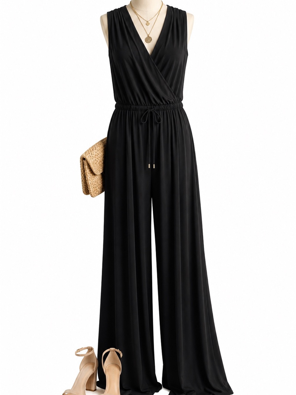 Spense Black Sleeveless V-Neck Wide-Leg Jumpsuit